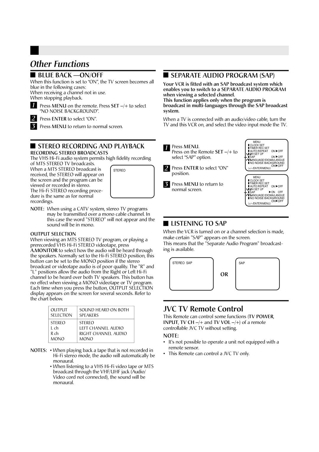 JVC HR-A590U manual Other Functions, No Noise Background, Recording Stereo Broadcasts, Output Selection 