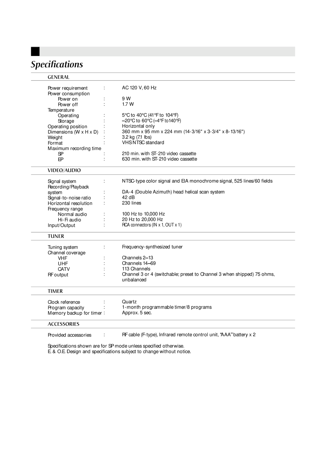 JVC HR-A590U manual Specifications 