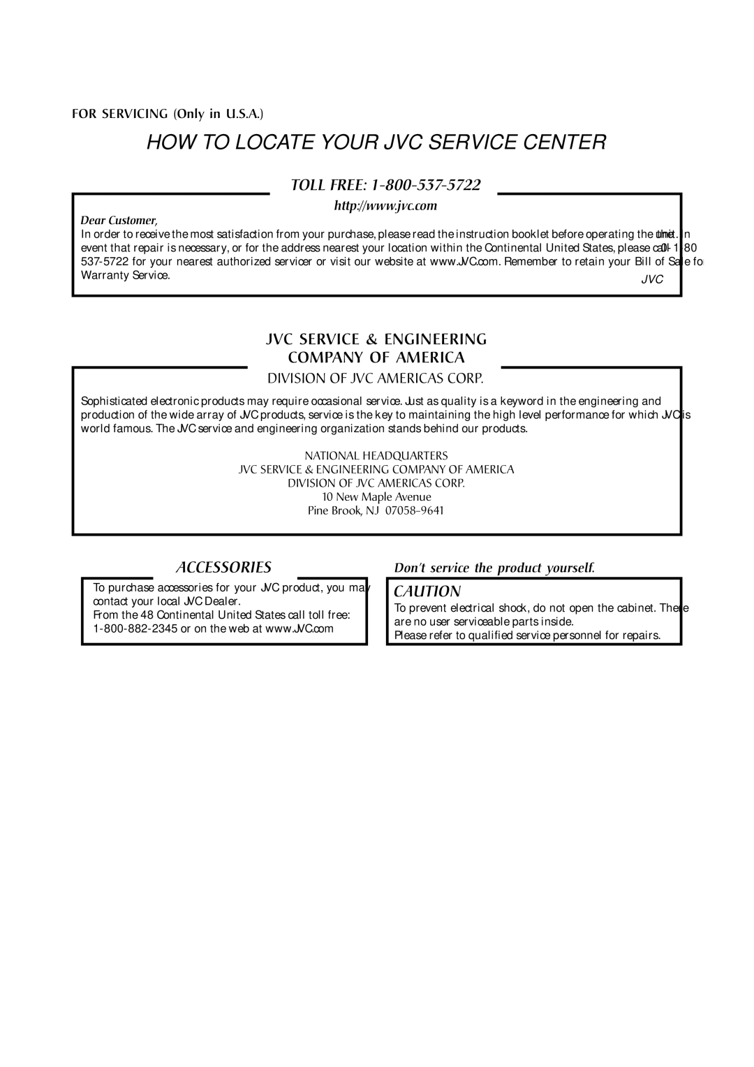 JVC HR-A590U manual HOW to Locate Your JVC Service Center, New Maple Avenue Pine Brook, NJ 