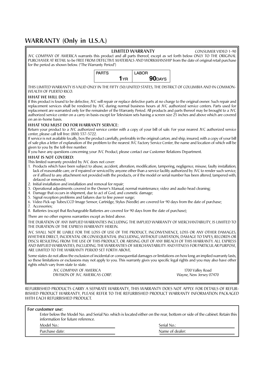 JVC HR-A590U manual What WE will do, What YOU Must do for Warranty Service, What is not Covered 