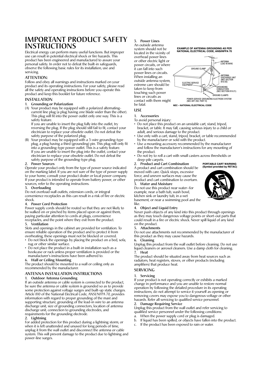 JVC HR-A590U manual Antenna Installation Instructions, Use, Servicing 