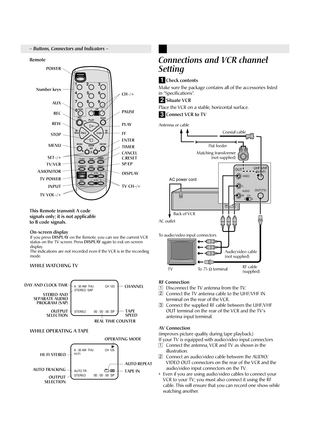 JVC HR-A590U Connections and VCR channel Setting, Remote, On-screen display, While Watching TV, While Operating a Tape 