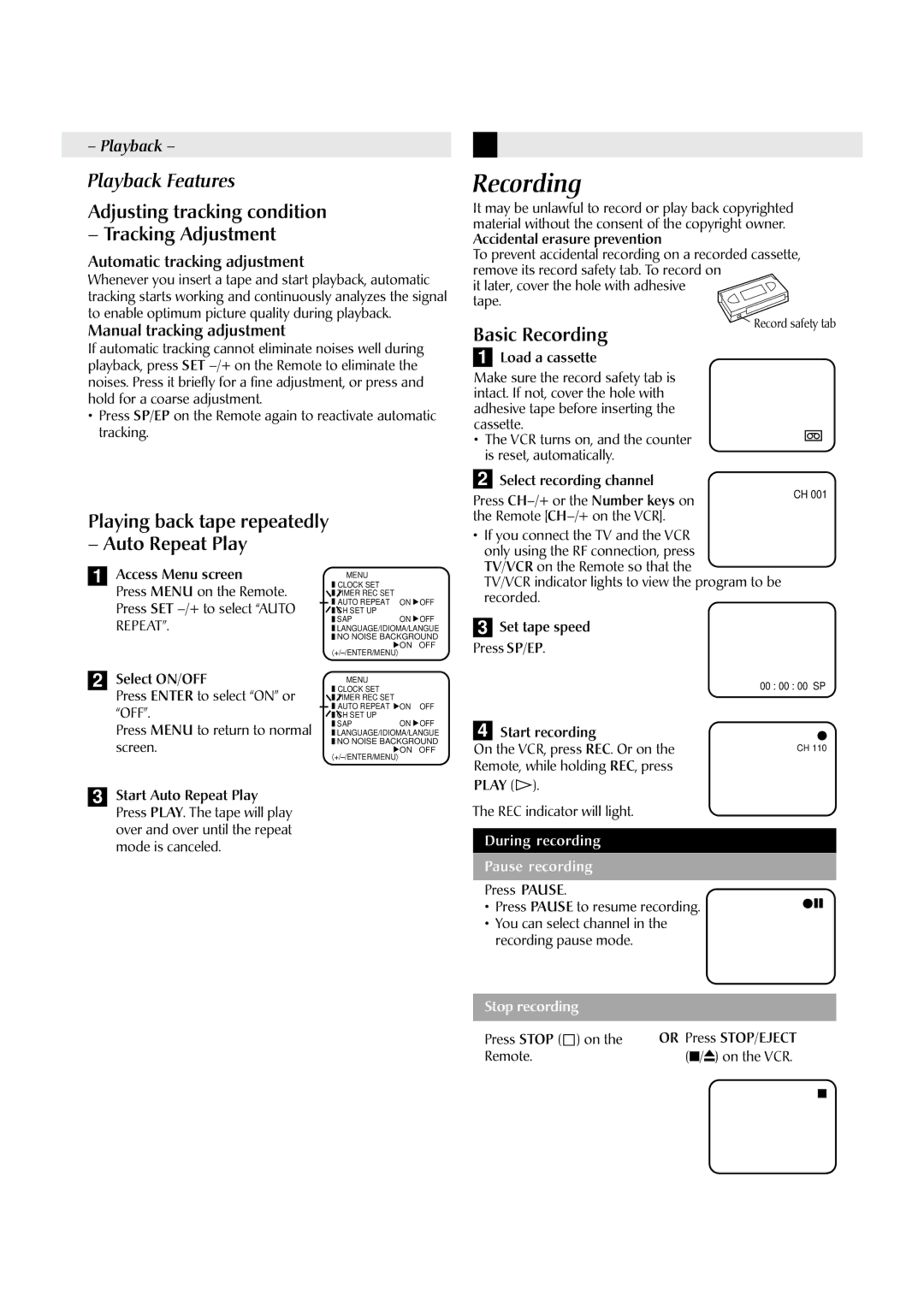 JVC HR-A590U manual Adjusting tracking condition Tracking Adjustment, Basic Recording 