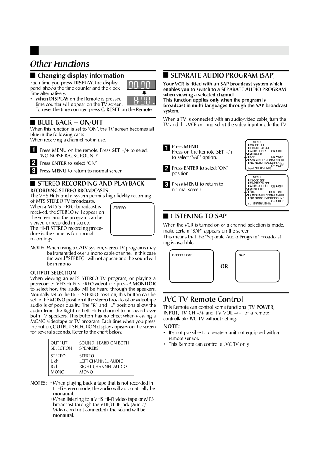 JVC HR-A591U manual Other Functions, Changing display information, No Noise Background, Recording Stereo Broadcasts 