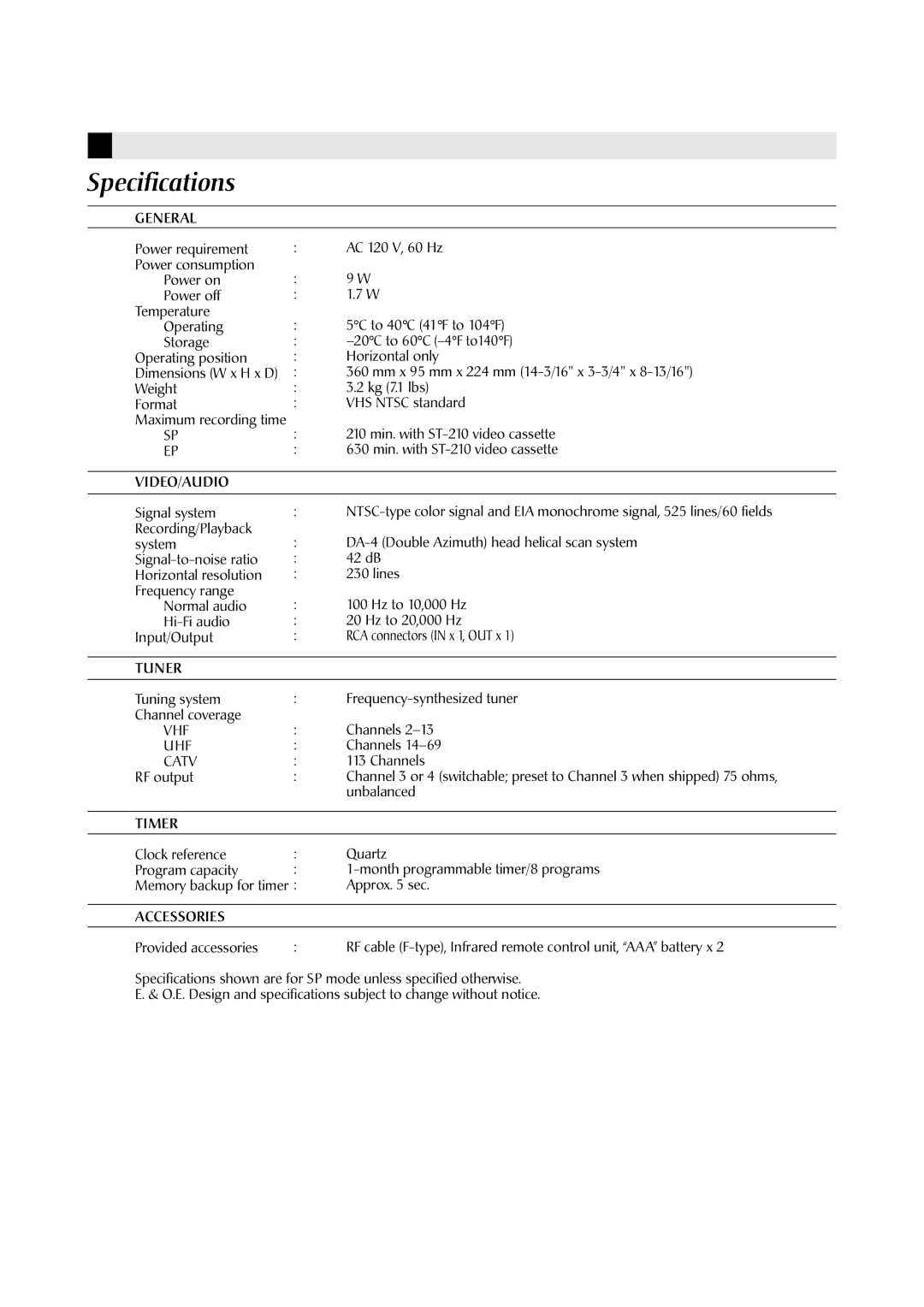 JVC HR-A591U manual Specifications 