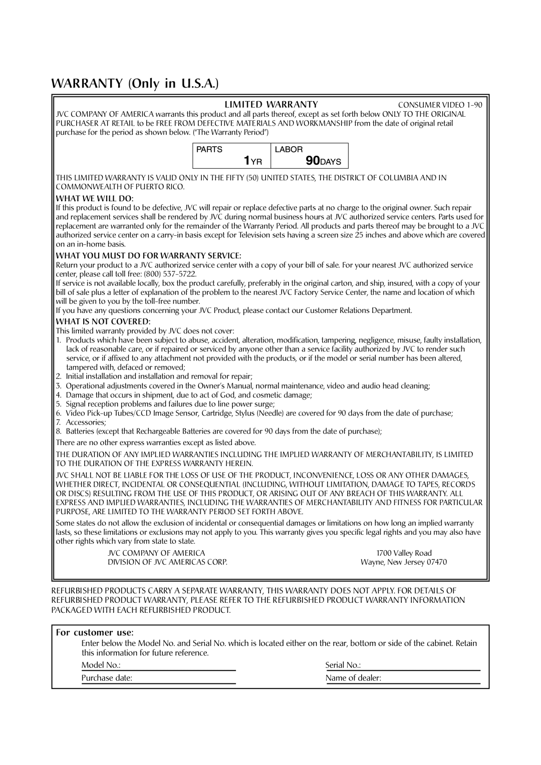 JVC HR-A591U manual What WE will do, What YOU Must do for Warranty Service, What is not Covered 