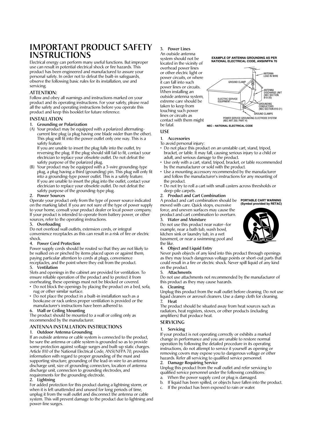 JVC HR-A591U manual Antenna Installation Instructions, Use, Servicing 