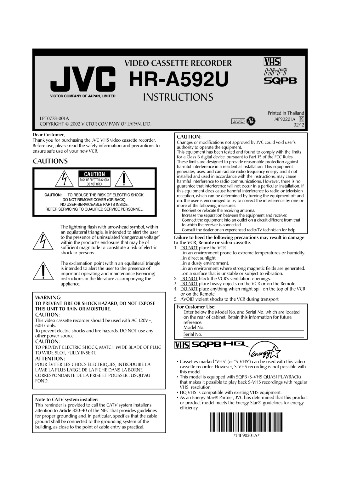 JVC HR-A592UC manual To Prevent Fire or Shock HAZARD, do not Expose, This Unit to Rain or Moisture, Fond 