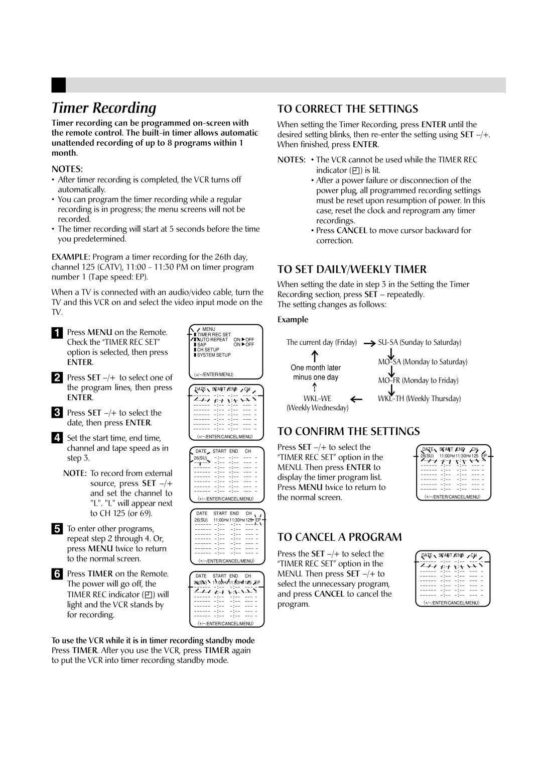 JVC HR-A592UC manual Timer Recording, To Correct the Settings, To SET DAILY/WEEKLY Timer, To Confirm the Settings 