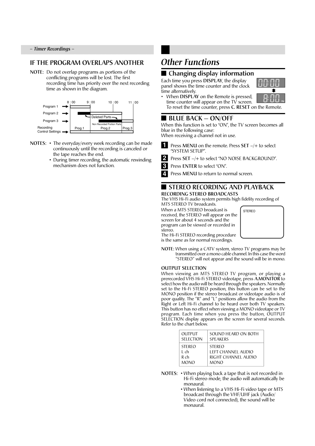 JVC HR-A592UC manual Other Functions, If the Program Overlaps Another, Changing display information, Blue Back ON/OFF 