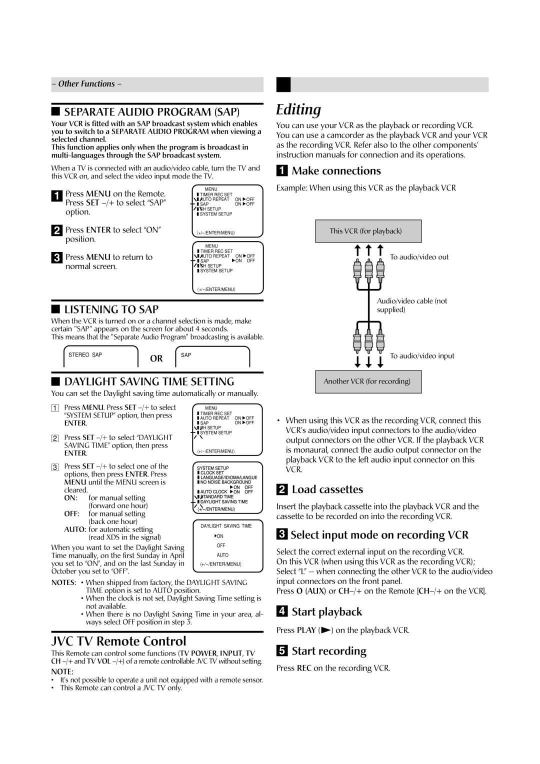 JVC HR-A592UC manual Editing, Separate Audio Program SAP, Listening to SAP, Daylight Saving Time Setting 