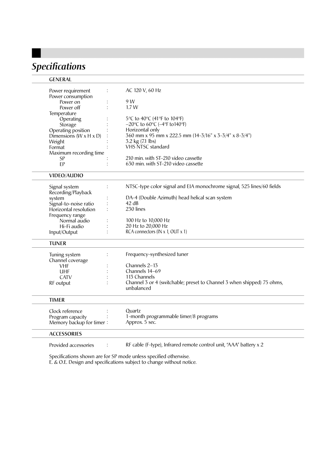 JVC HR-A592UC manual Specifications 