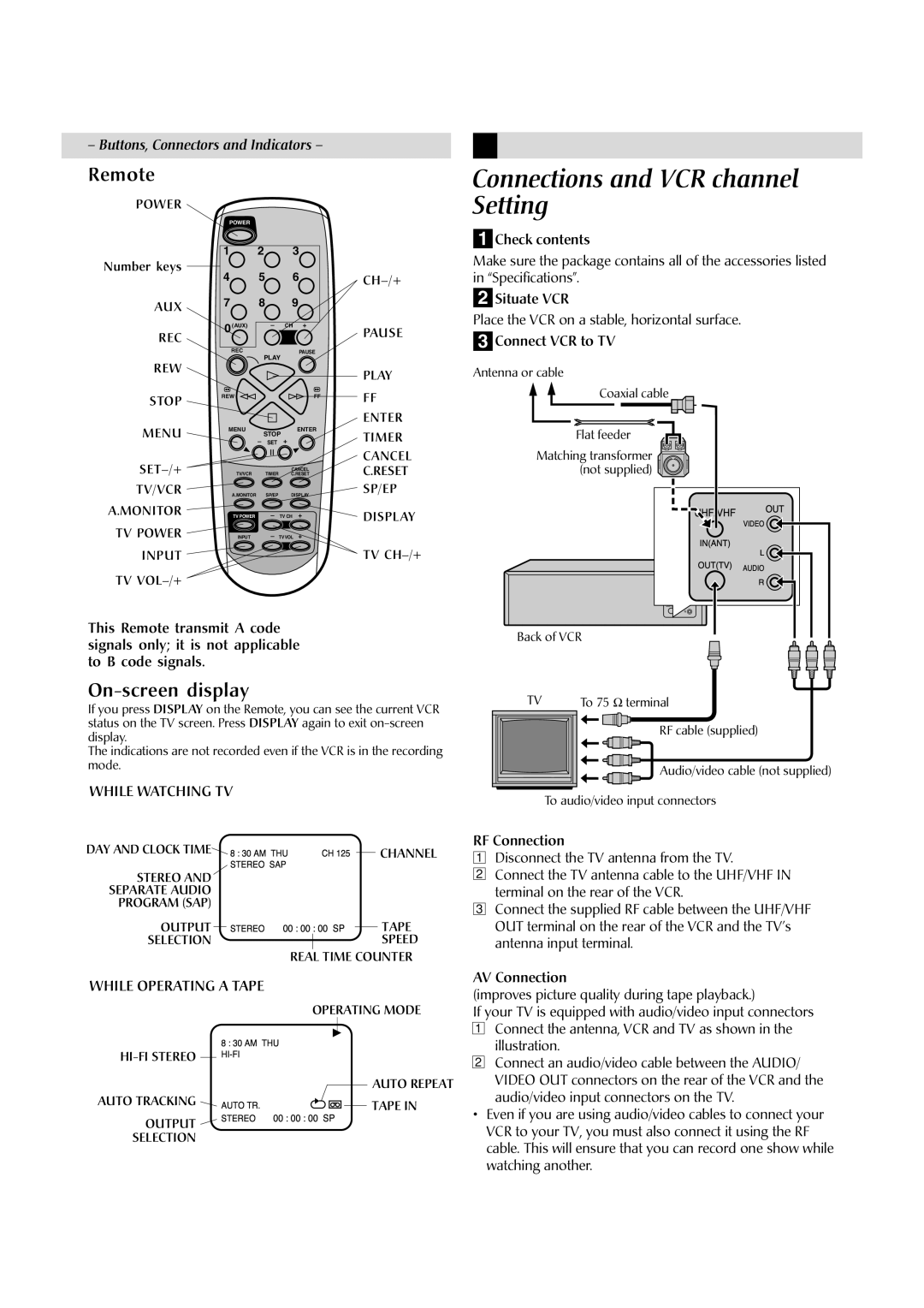 JVC HR-A592UC manual Connections and VCR channel, Setting, Remote, On-screen display, While Operating a Tape 