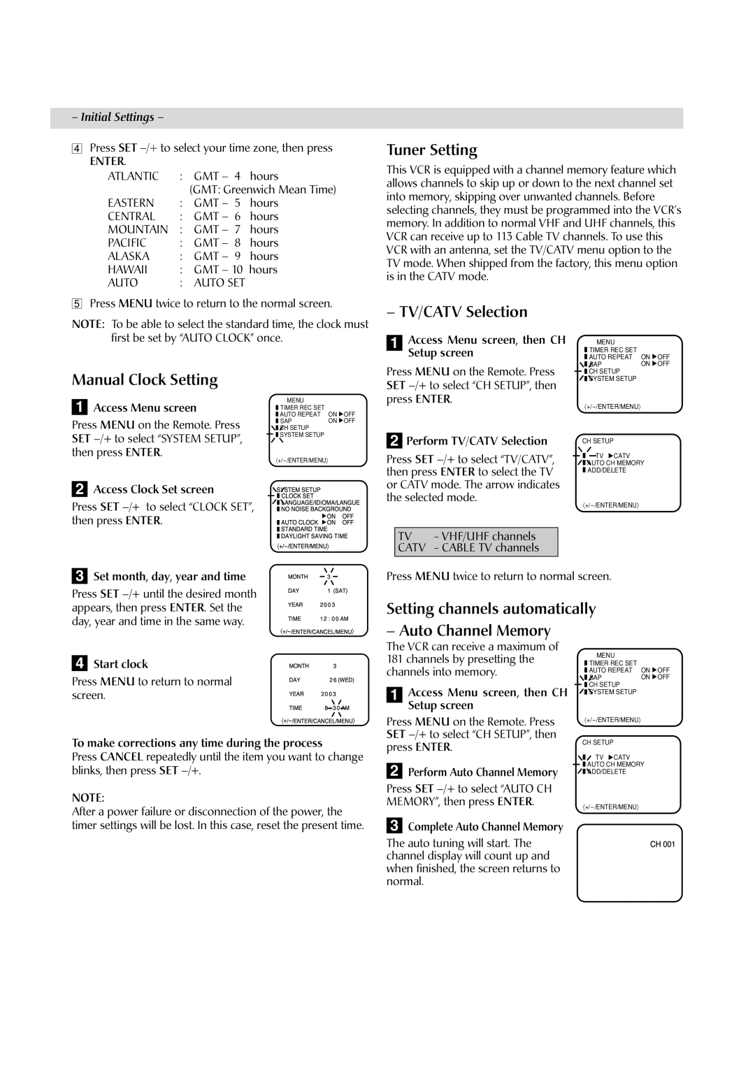 JVC HR-A592UC manual Tuner Setting, TV/CATV Selection, Manual Clock Setting, Auto Channel Memory 