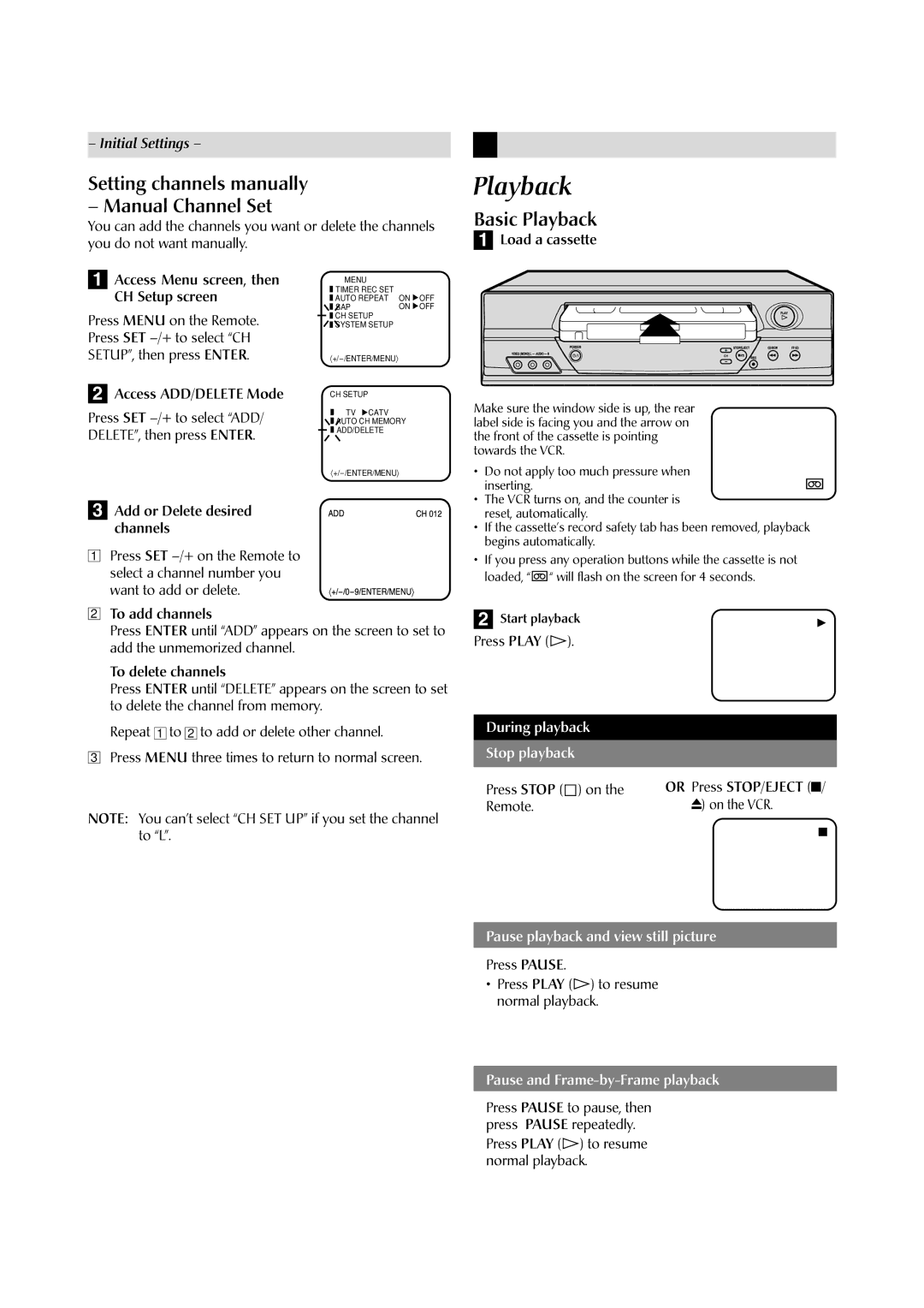 JVC HR-A592UC Setting channels manually Manual Channel Set, Basic Playback 