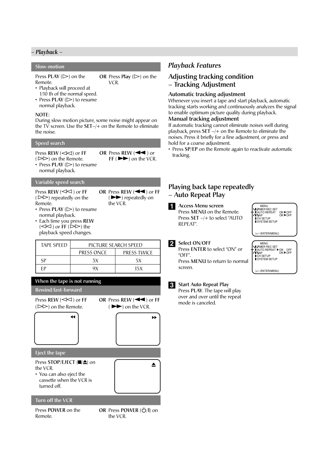 JVC HR-A592UC manual Adjusting tracking condition Tracking Adjustment, Playing back tape repeatedly Auto Repeat Play, Vcr 