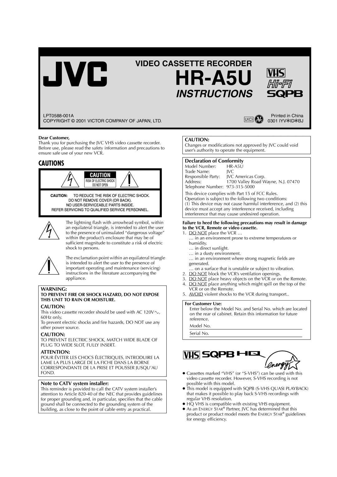 JVC HR-A5U manual Dear Customer, For Customer Use 