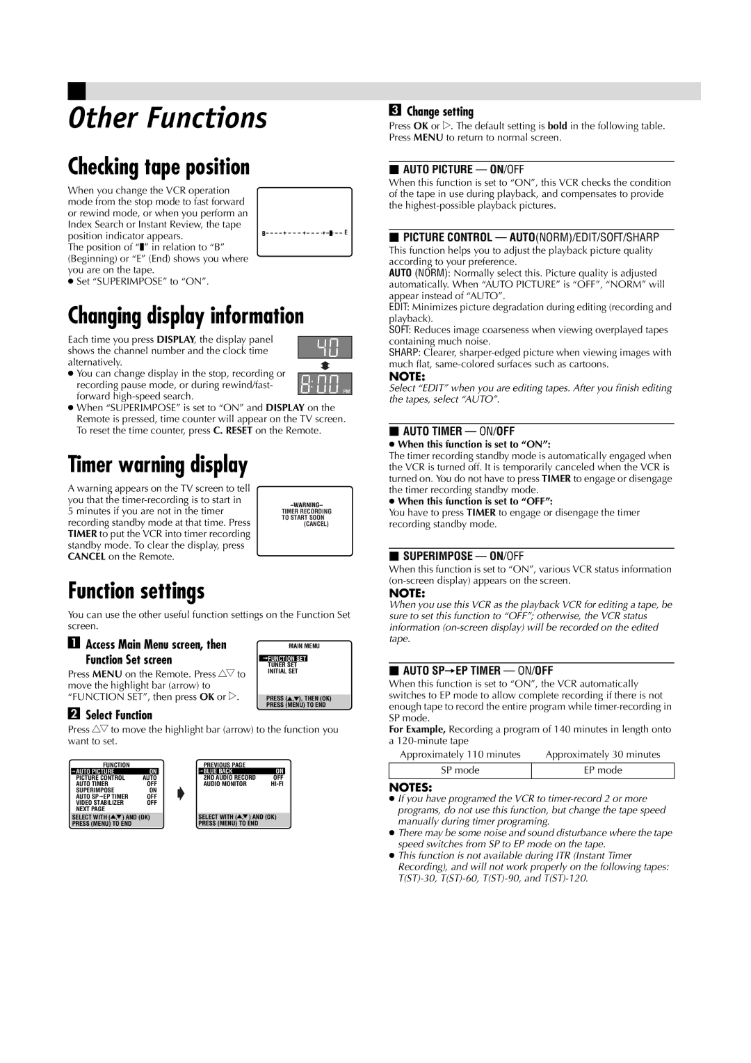 JVC HR-A5U manual Other Functions, Checking tape position, Function settings 