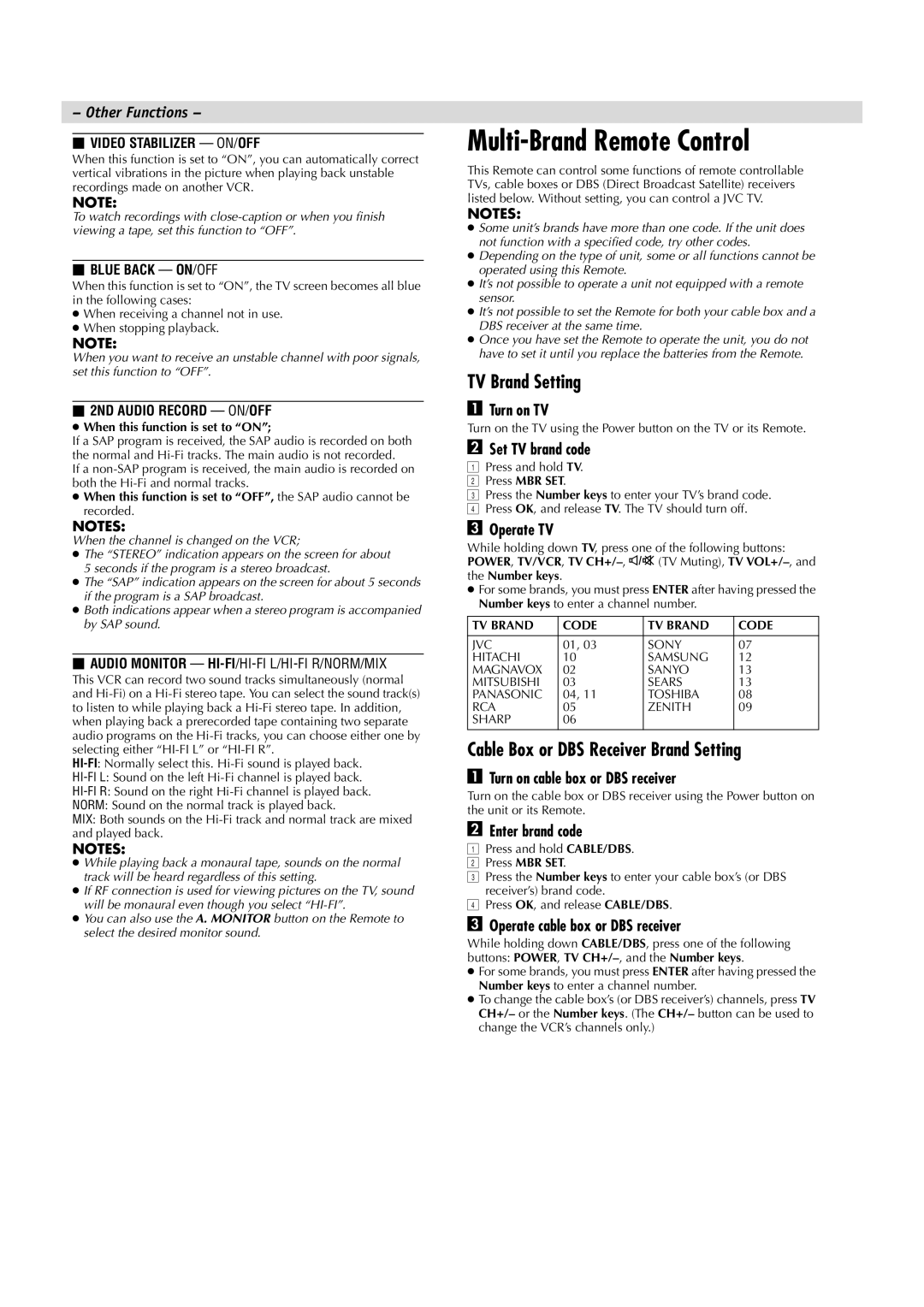 JVC HR-A5U manual Multi-Brand Remote Control, TV Brand Setting, Cable Box or DBS Receiver Brand Setting 