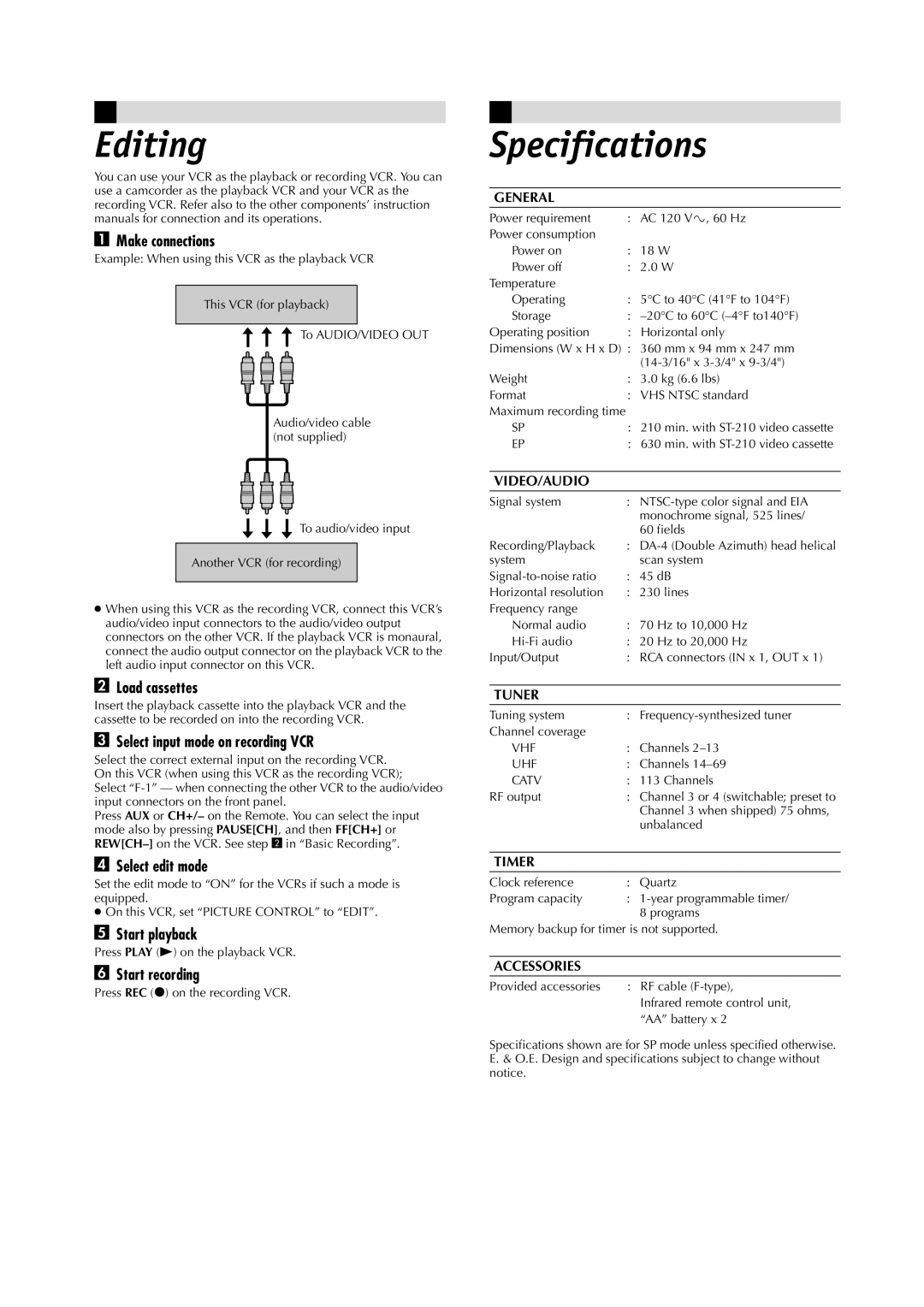 JVC HR-A5U manual Editing, Specifications 