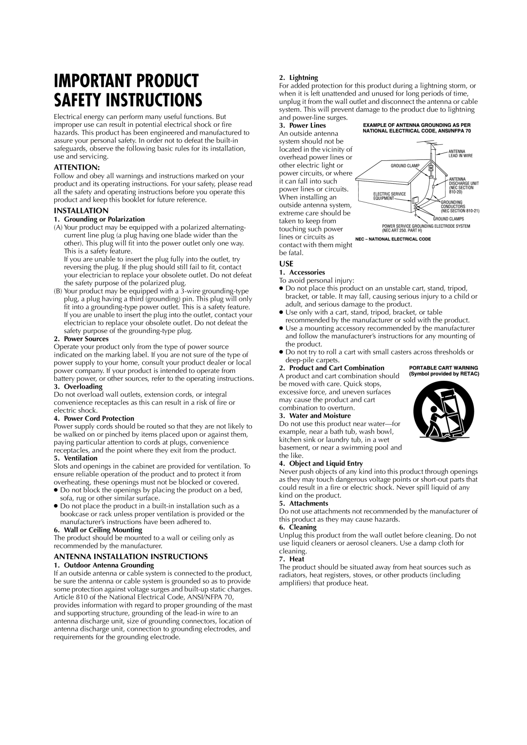 JVC HR-A5U Grounding or Polarization, Power Sources, Overloading, Power Cord Protection, Ventilation, Lightning, Cleaning 