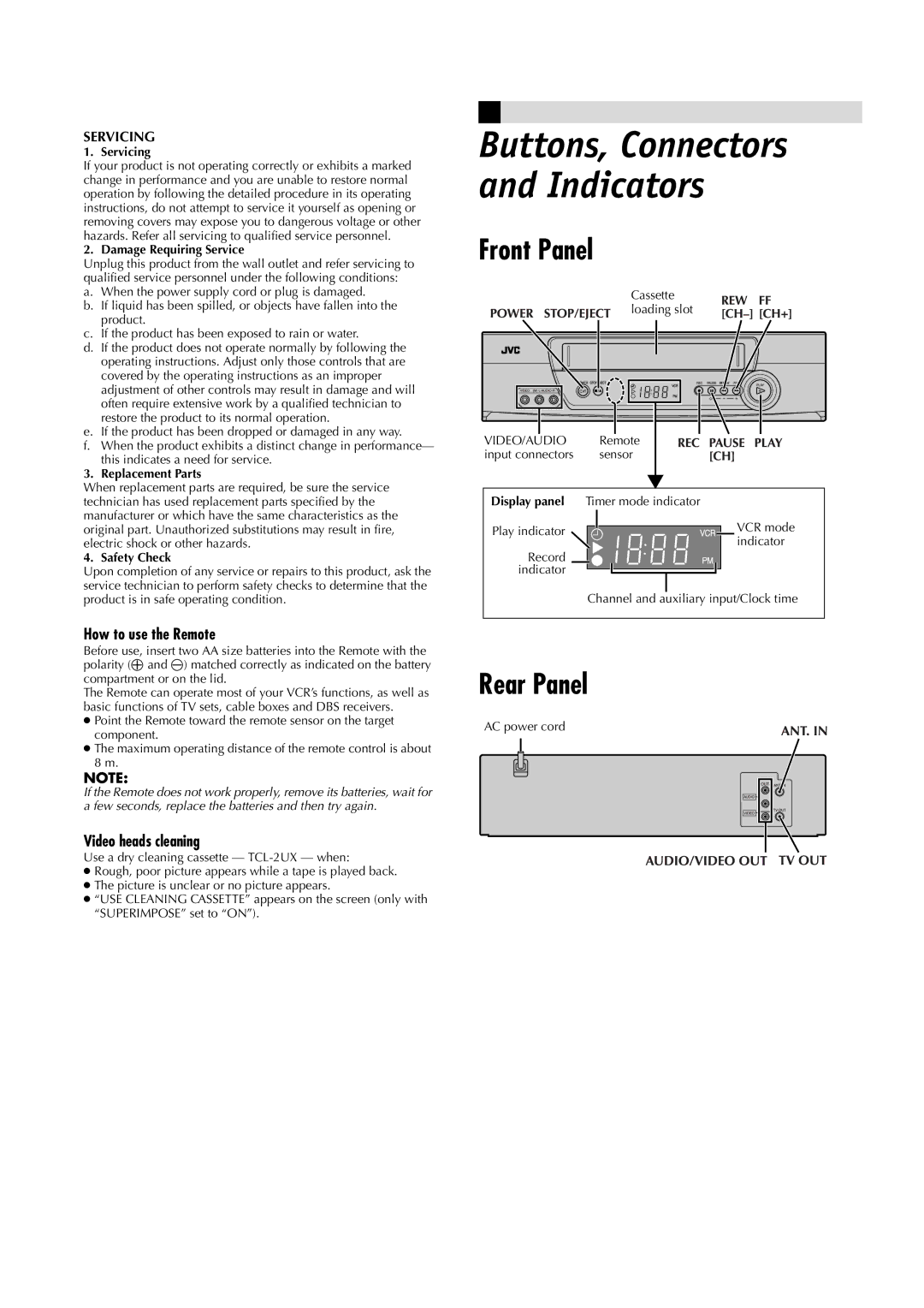 JVC HR-A5U manual Front Panel, Rear Panel, How to use the Remote, Video heads cleaning 