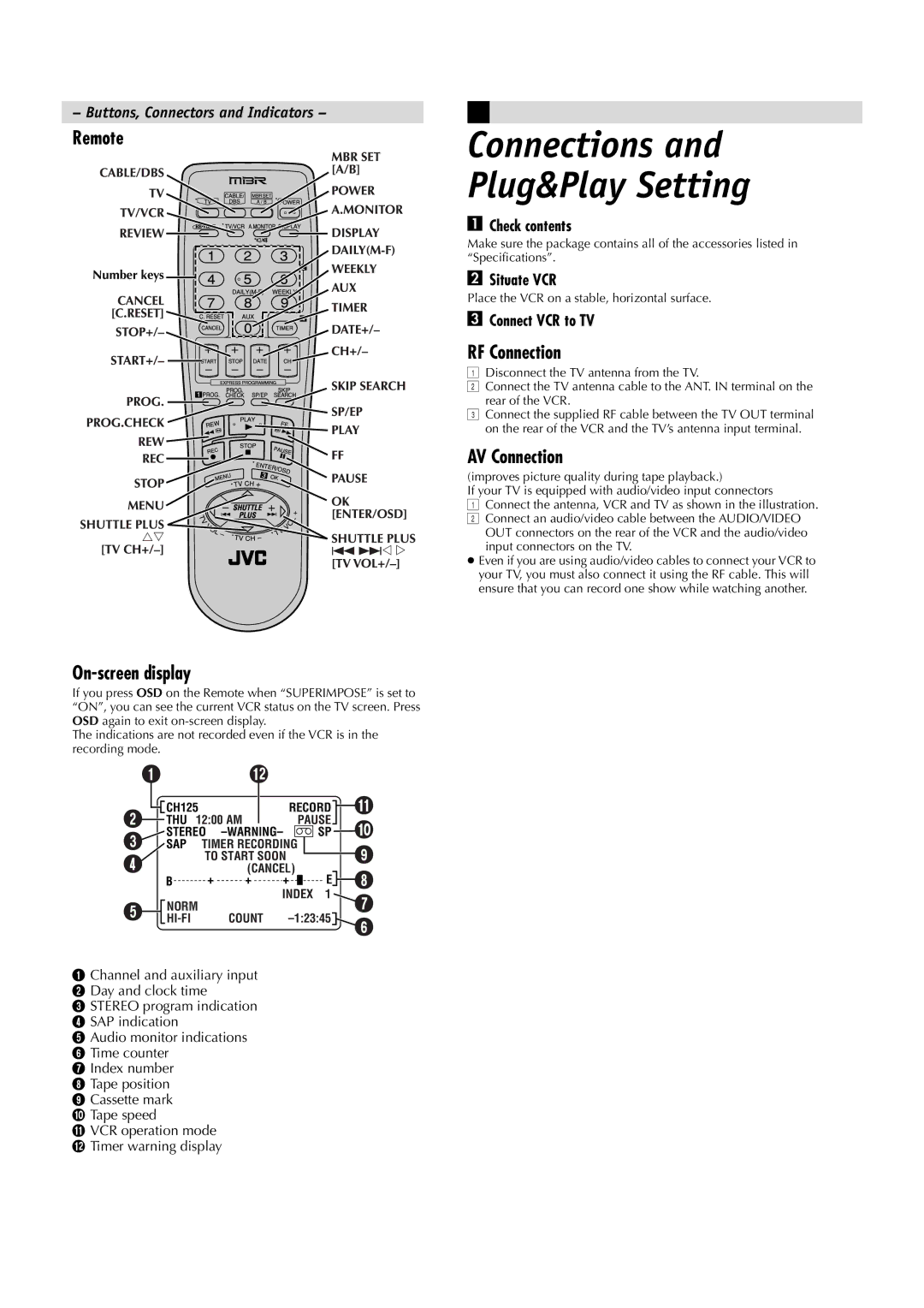 JVC HR-A5U manual Remote, On-screen display, RF Connection, AV Connection 