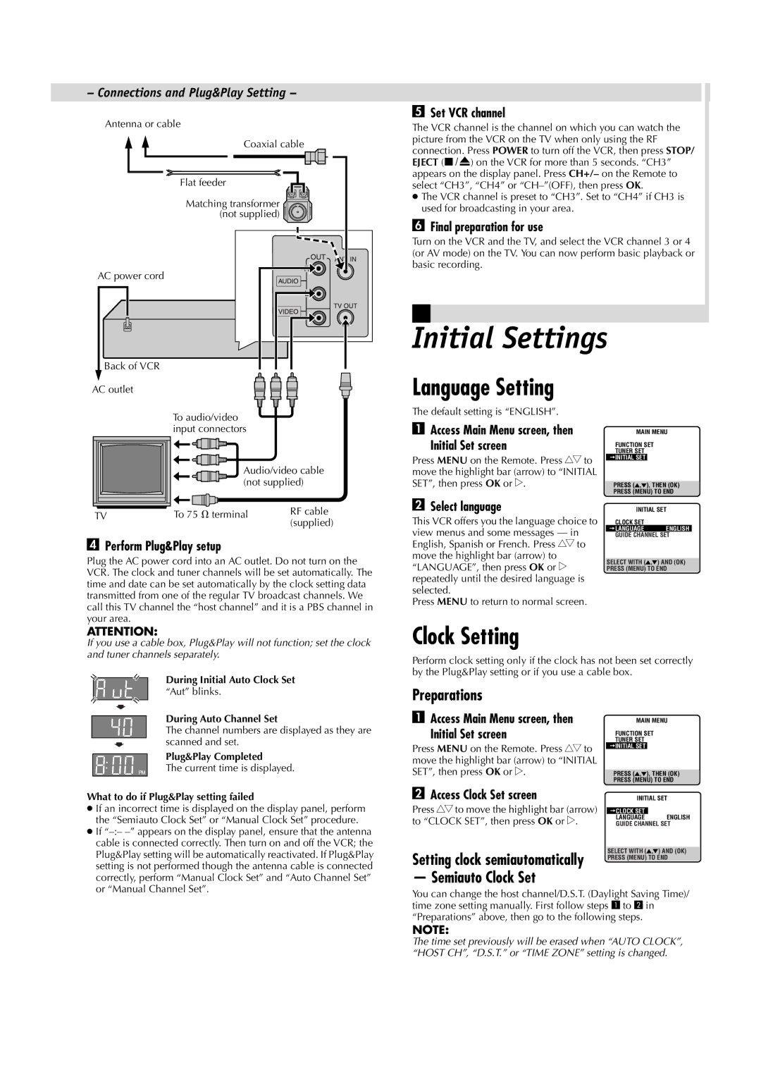 JVC HR-A5U manual Initial Settings, Language Setting, Clock Setting, Preparations, Semiauto Clock Set 