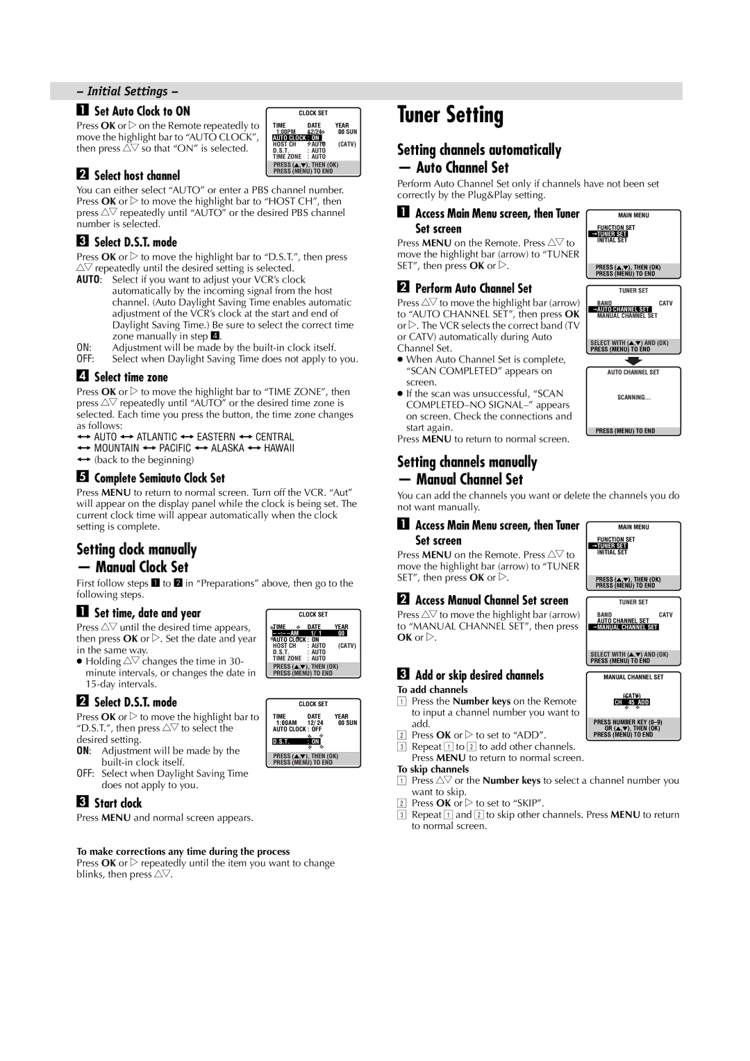 JVC HR-A5U Tuner Setting, Setting channels automatically Auto Channel Set, Setting clock manually Manual Clock Set 