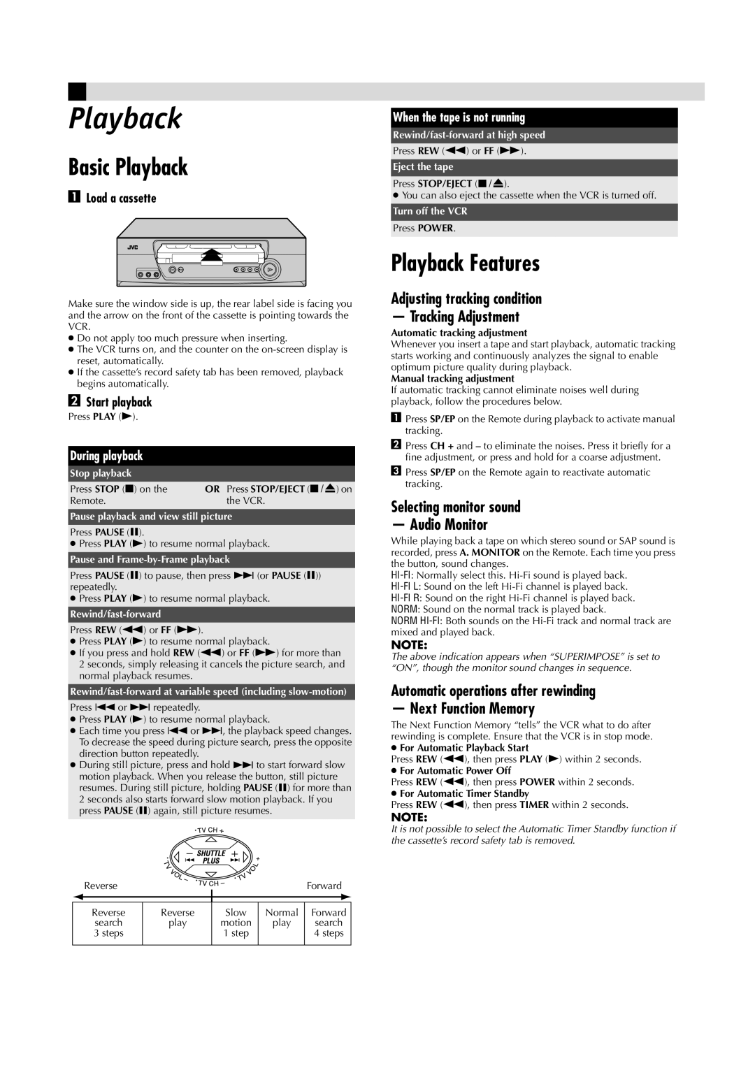 JVC HR-A5U manual Basic Playback, Playback Features 