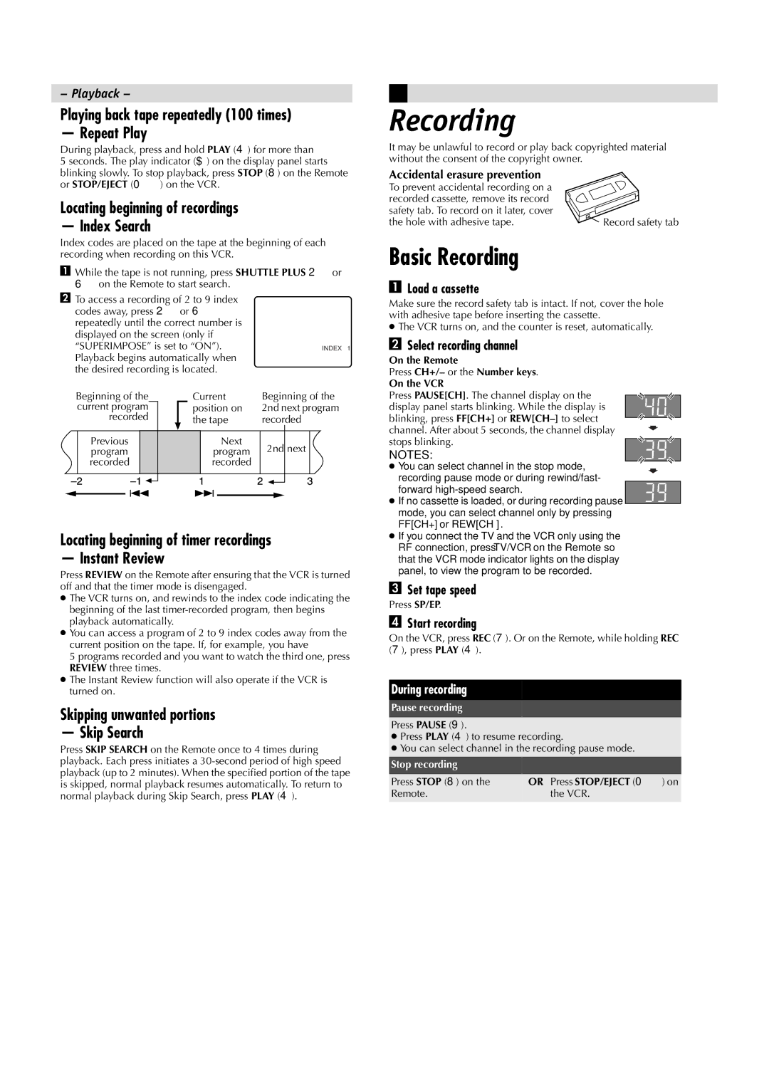 JVC HR-A5U manual Basic Recording 