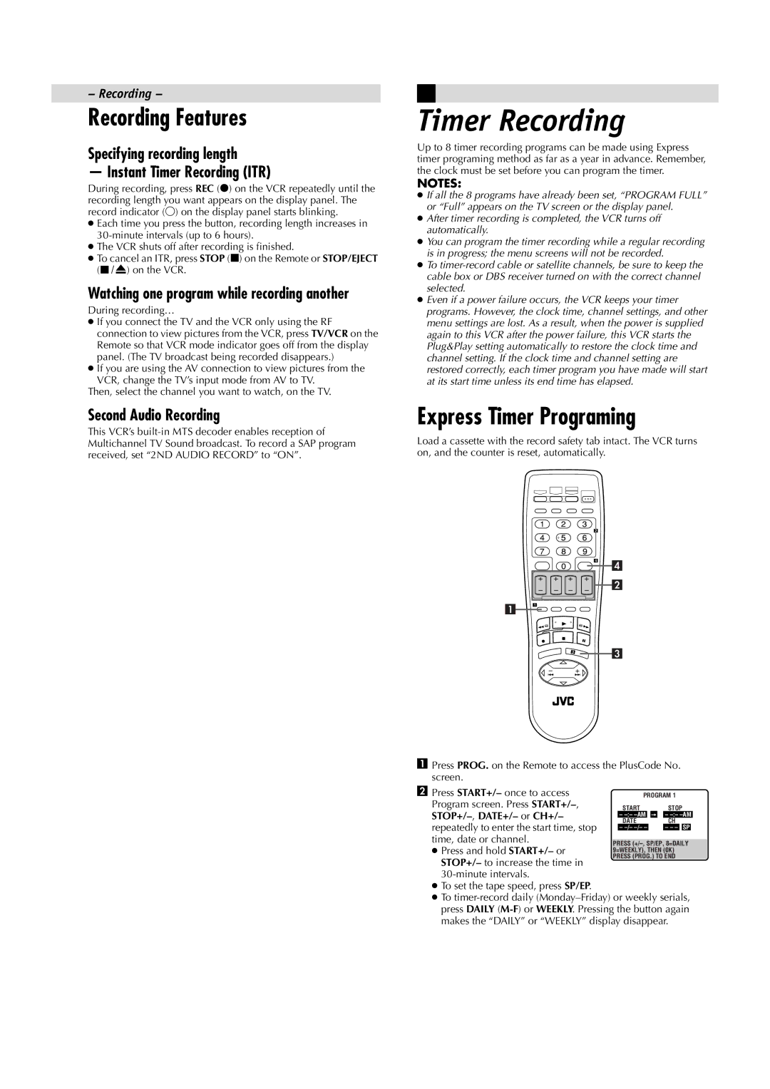 JVC HR-A5U manual Timer Recording, Recording Features, Express Timer Programing, Second Audio Recording 