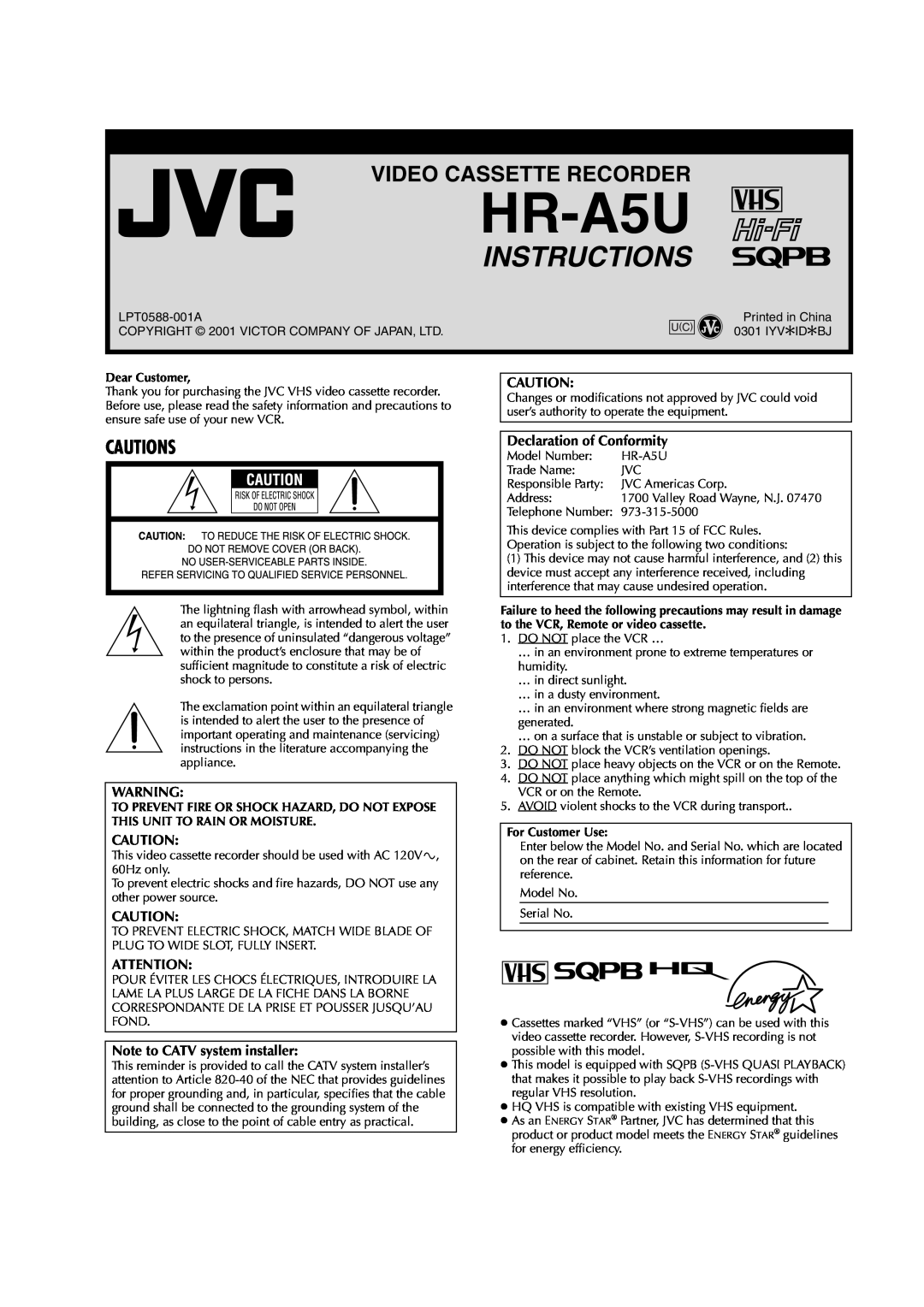 JVC HR-A5U manual Video Cassette Recorder, Cautions, Note to CATV system installer, Declaration of Conformity 