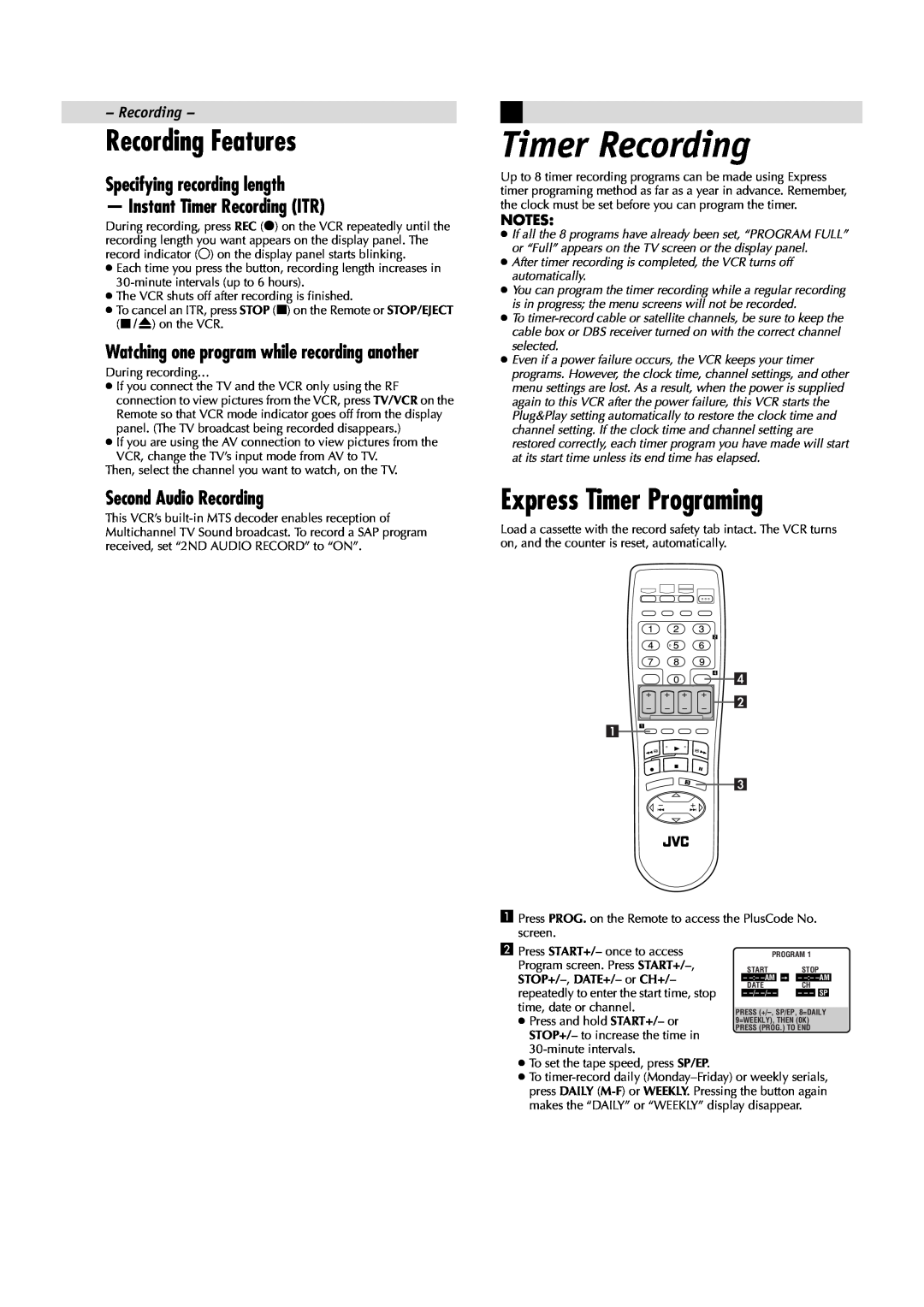 JVC HR-A5U Timer Recording, Recording Features, Express Timer Programing, Second Audio Recording, STOP+/-, DATE+/- or CH+ 