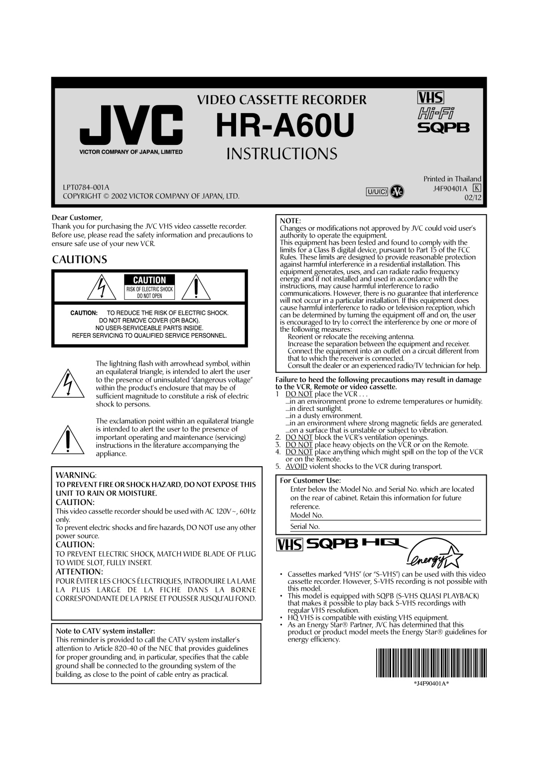 JVC HR-A60U manual 