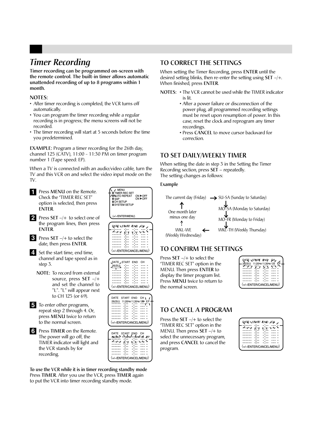 JVC HR-A60U manual Timer Recording, To SET DAILY/WEEKLY Timer, To Confirm the Settings, To Cancel a Program 