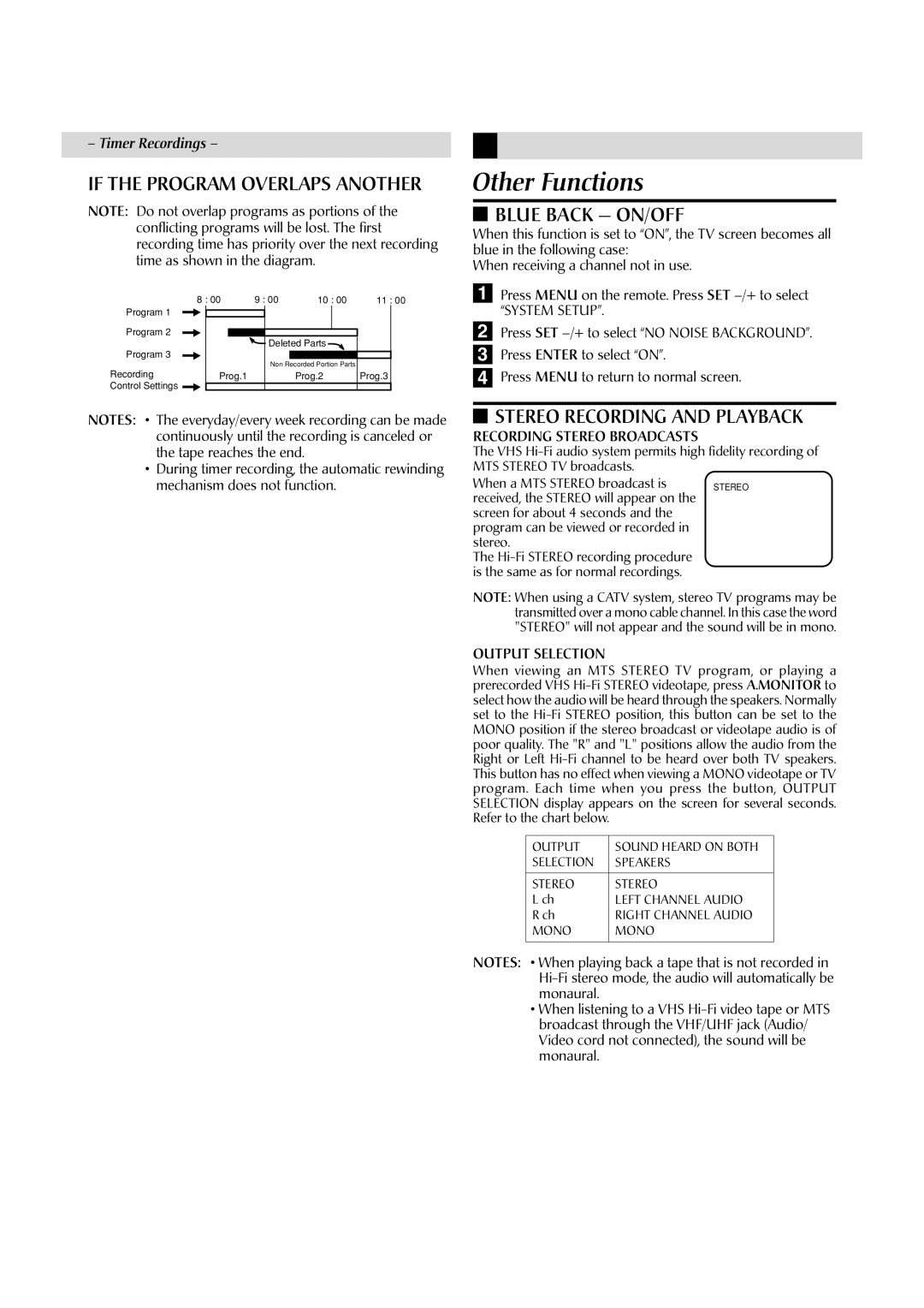 JVC HR-A60U manual Other Functions, If the Program Overlaps Another, Blue Back ON/OFF, Stereo Recording and Playback 