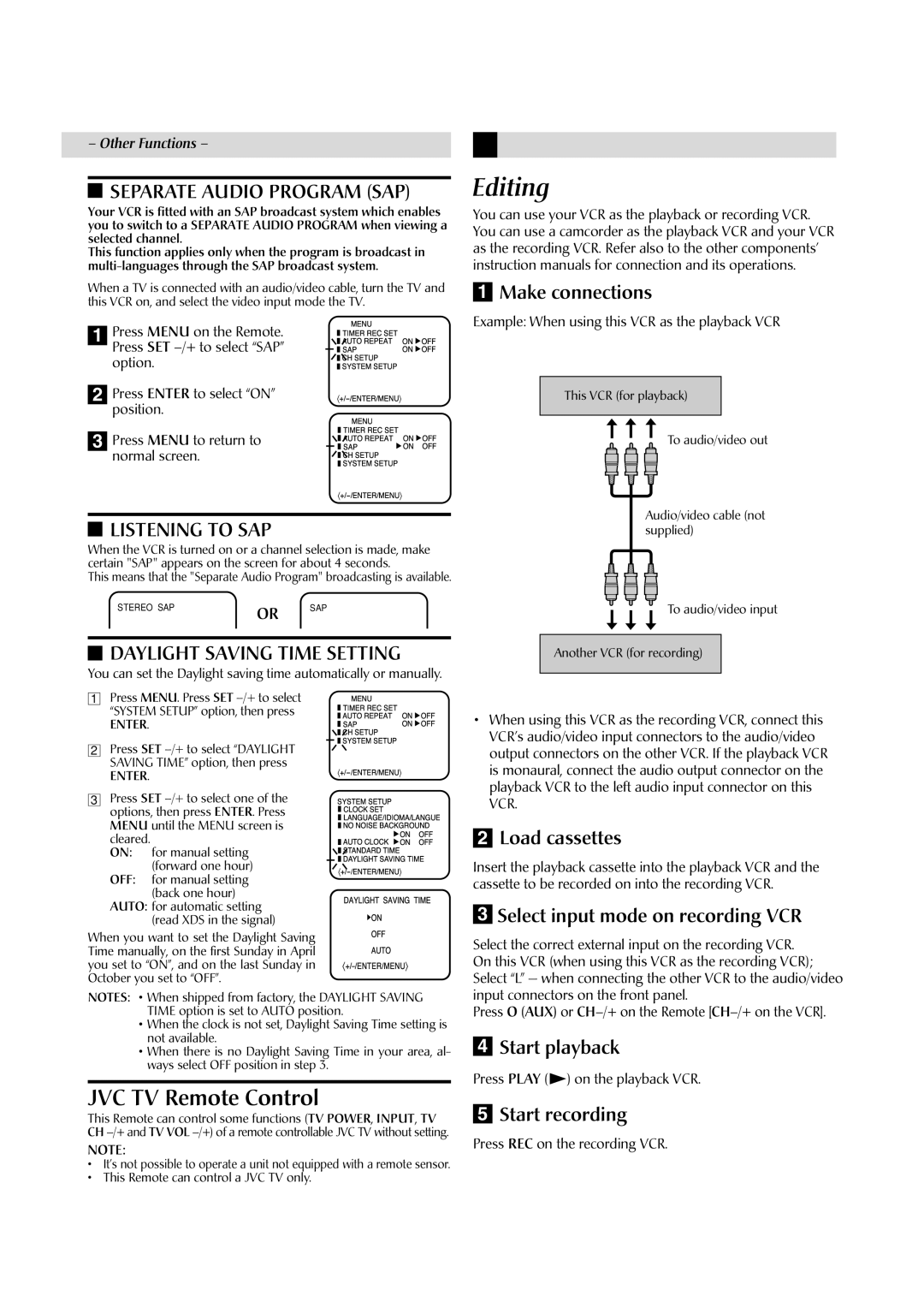 JVC HR-A60U manual Editing, Separate Audio Program SAP, Listening to SAP 