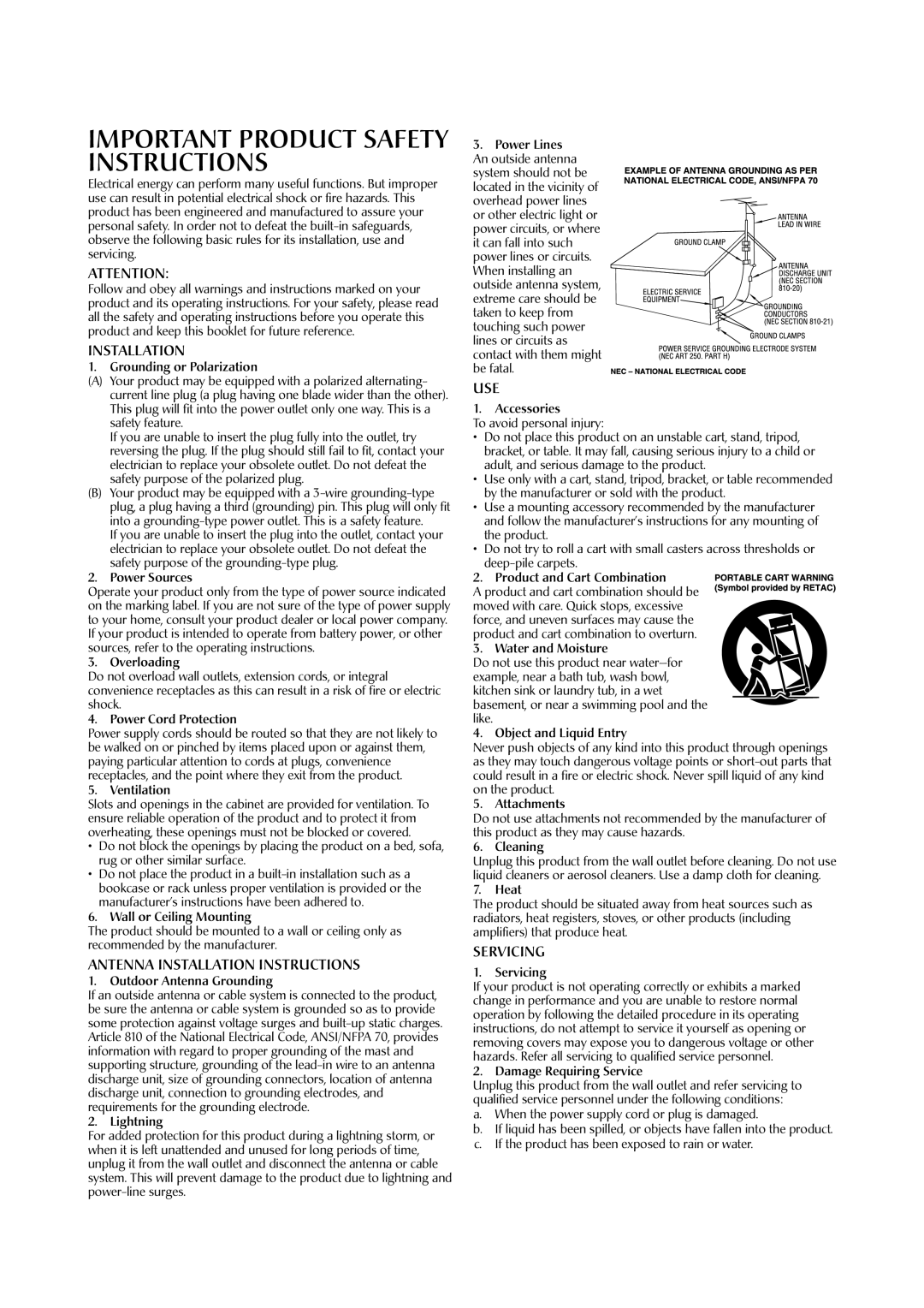 JVC HR-A60U manual Antenna Installation Instructions, Use, Servicing 