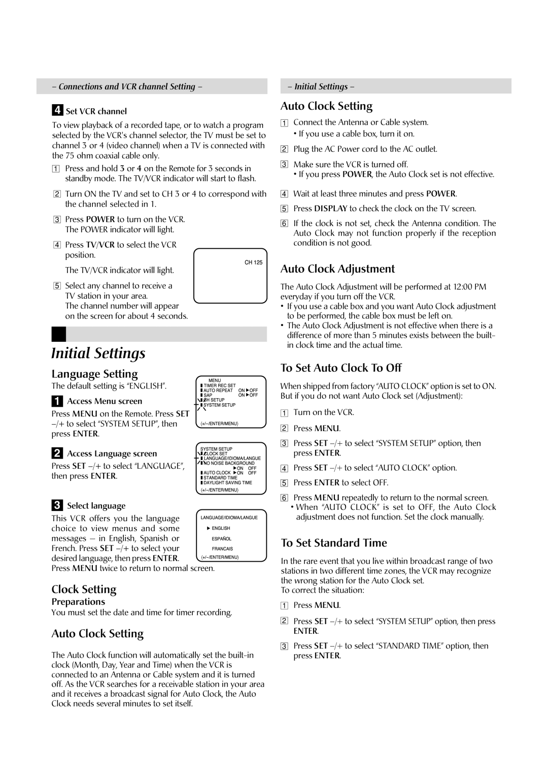 JVC HR-A60U manual Initial Settings 