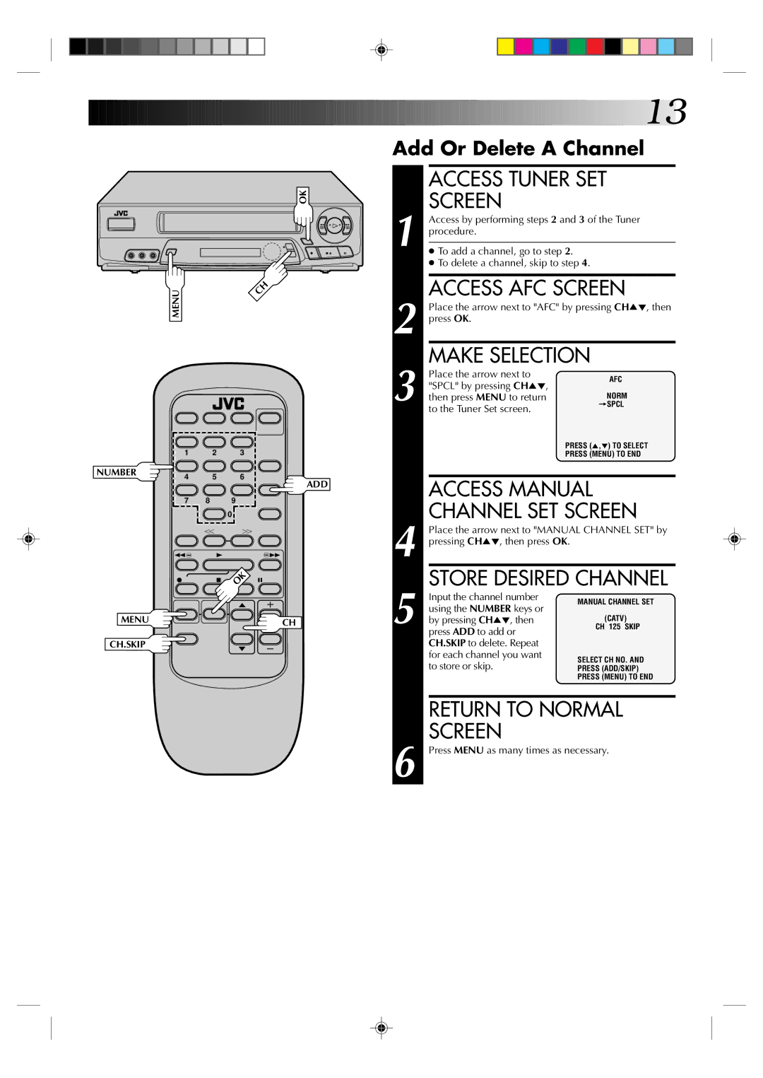 JVC HR-A62U manual Access Tuner SET Screen, Access AFC Screen, Make Selection, Access Manual, Channel SET Screen 