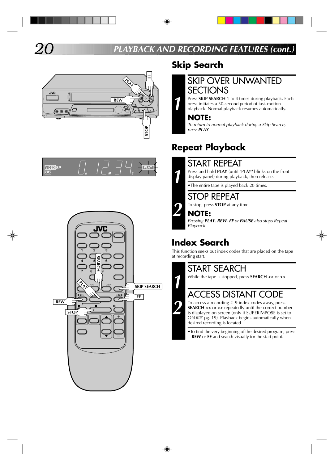 JVC HR-A62U manual Skip Over Unwanted Sections, Start Repeat, Start Search, Access Distant Code 