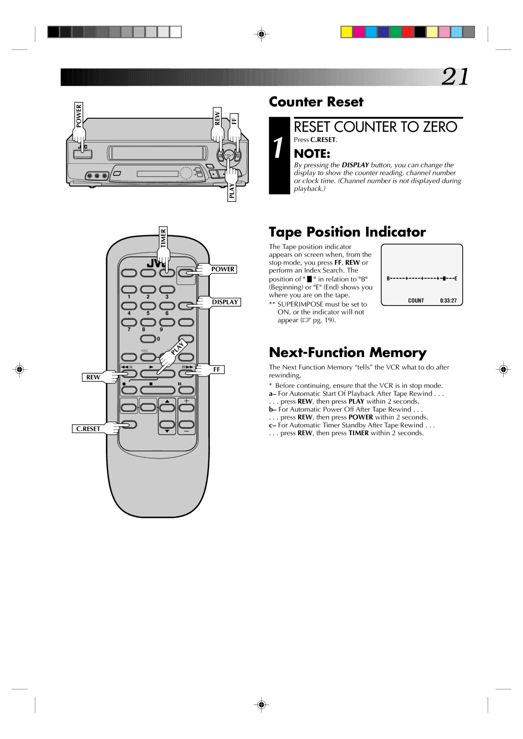 JVC HR-A62U manual Counter Reset, Tape Position Indicator, Next-Function Memory 