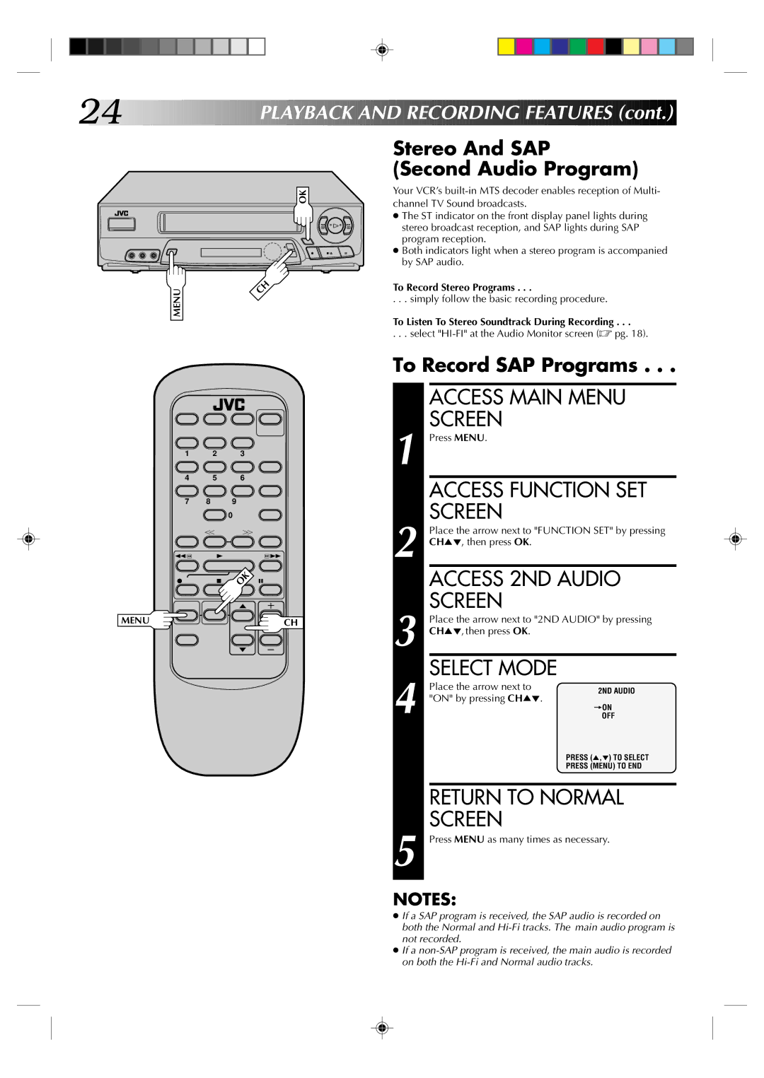 JVC HR-A62U manual Access 2ND Audio, Stereo And SAP Second Audio Program, To Record SAP Programs, To Record Stereo Programs 