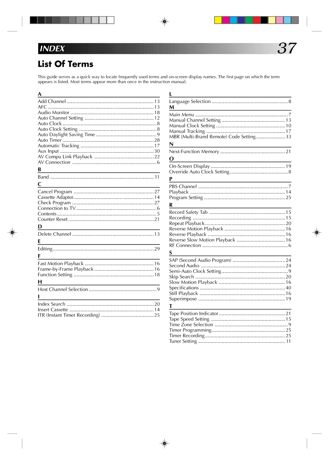 JVC HR-A62U manual Index, List Of Terms 