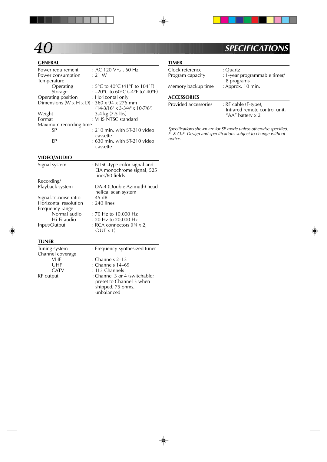 JVC HR-A62U manual Specifications 