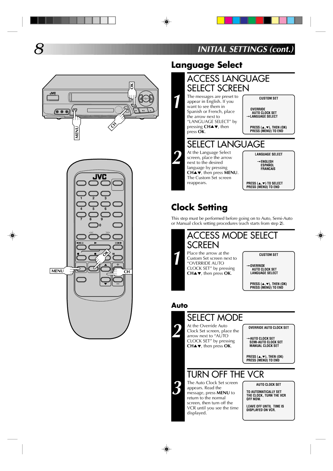 JVC HR-A62U manual Select Language, Turn OFF the VCR, Initial Settings, Language Select, Clock Setting 