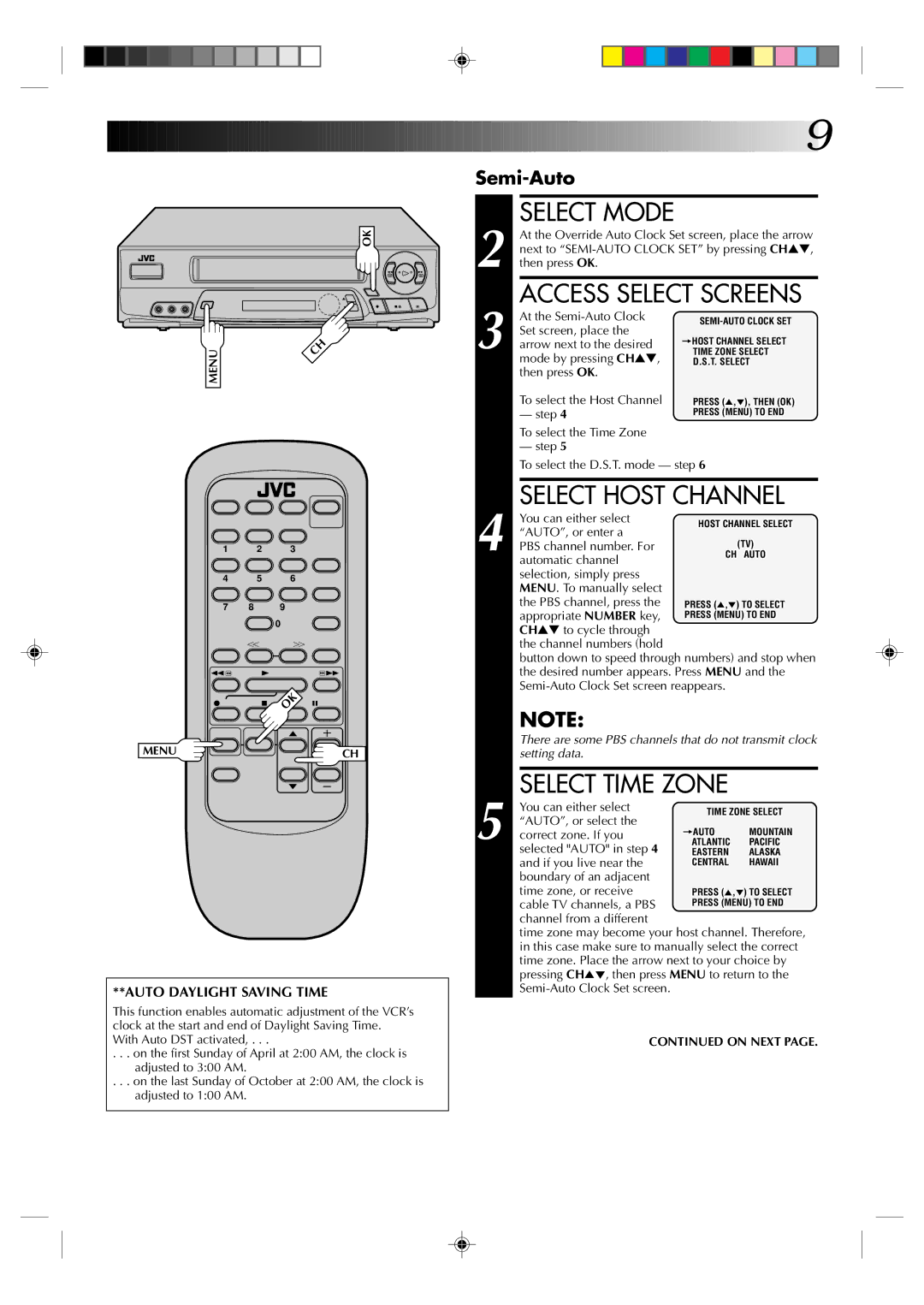 JVC HR-A62U manual Select Host Channel, Auto Daylight Saving Time 