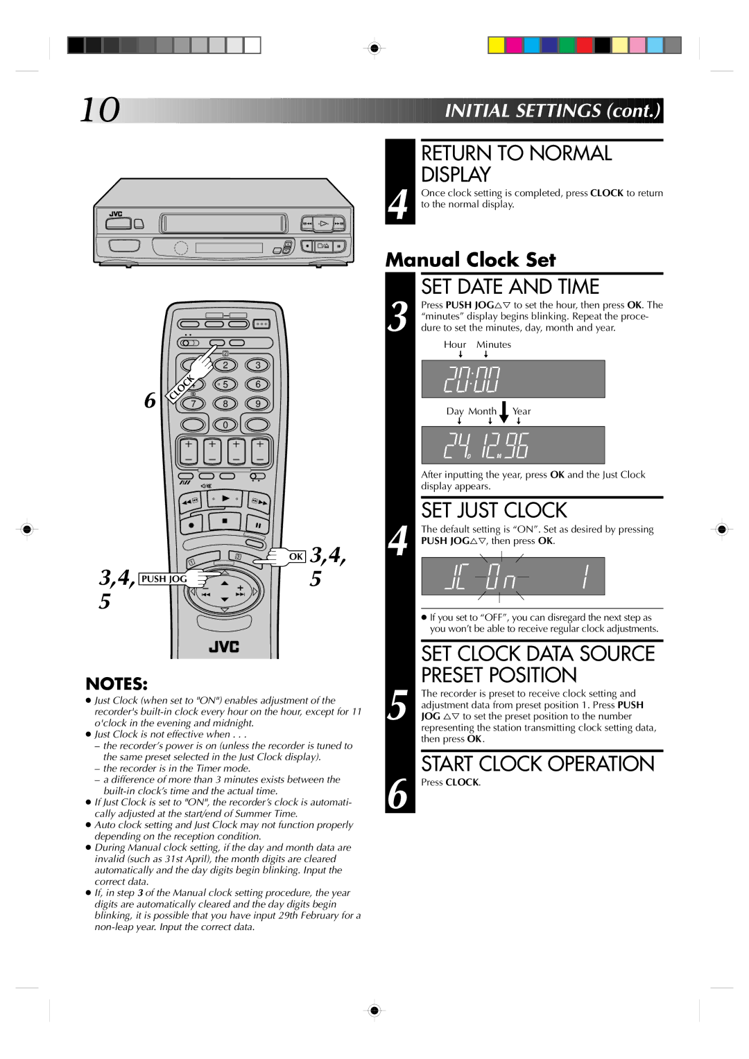 JVC HR-A631EK Return to Normal Display, SET Date and Time, SET Just Clock, Start Clock Operation, Initial Settings 