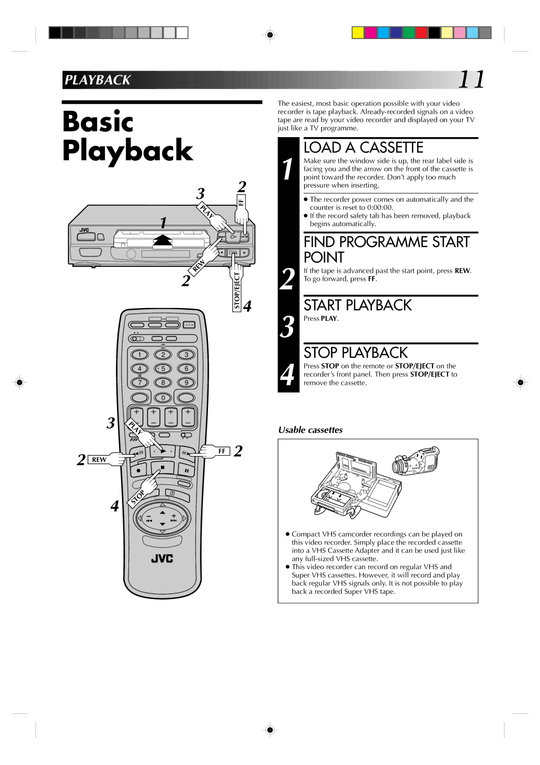 JVC HR-A630EK, HR-A631EK specifications Basic Playback, Load a Cassette, Point, Start Playback, Stop Playback 